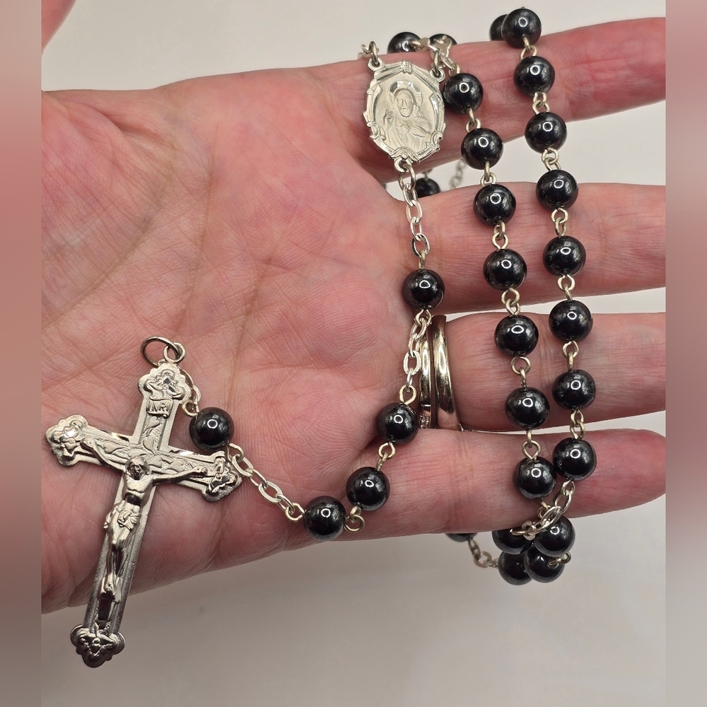 Rosary Charcoal Gray Glass Bead Silver Tone